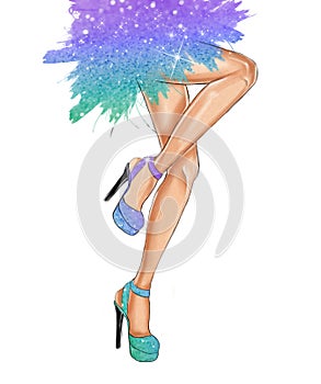 Watercolor hand drawn fashion Illustration of dancing legs