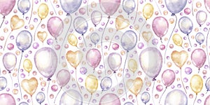 Watercolor hand drawn festival seamless pattern with delicate illustration of colorful pink, purple, yellow baby flying