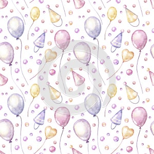 Watercolor hand drawn festival seamless pattern with delicate illustration of colorful purple, pink, yellow baby flying