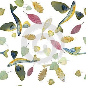 Watercolor hand-drawn fishes pattern on white