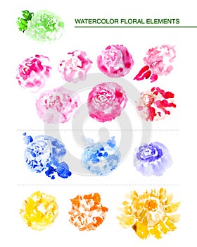 Watercolor hand drawn floral elements, artistic color spots, paint drops on white background.