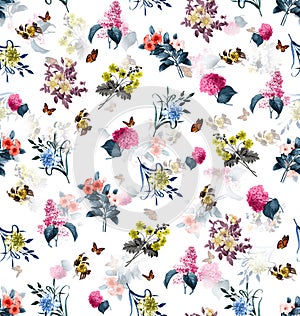 Watercolor Hand Drawn Floral Pattern, Colorful Seamless Small Flowers with Leaves.