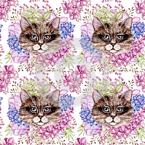 Watercolor Hand Drawn floral Seamless Patttern with cat for card making, paper, textile, printing, packaging