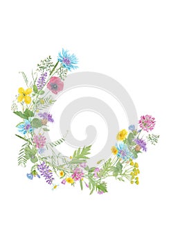 Watercolor hand drawn floral wreath with wild meadow flowers and grass isolated on white background