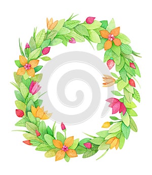 Watercolor hand-drawn flower wreath for design. Artistic isolated illustration.