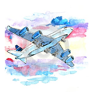 Watercolor hand drawn flying airline in air, light sunshine,  go on vacation, travelling