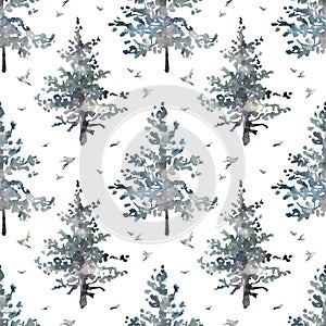 Watercolor hand drawn forest seamless pattern with delicate illustration of coniferous trees spruce, fir, pine, birds