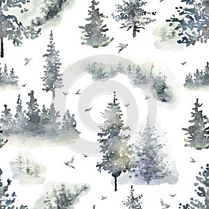 Watercolor hand drawn forest seamless pattern with delicate illustration of coniferous trees spruce, fir, pine, foggy