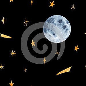 Watercolor hand drawn full moon and stars seamless pattern isolated on black background.