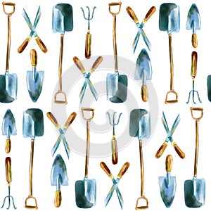 Watercolor hand drawn garden tools seamless pattern
