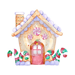 Watercolor hand drawn gingerbread house with candy canes. Christmass illustration isolated on white background. Can be used for