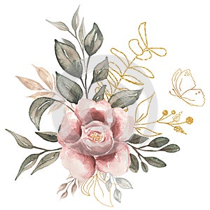 Watercolor hand drawn greenery, golden leaves and red peony with gold butterfly bouquet illustration. Wedding bouquets