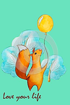 Watercolor hand drawn greeting card with a cartoon squirrel with a balloon.