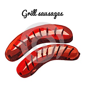 Watercolor hand drawn grilled sausages illustration isolated on white