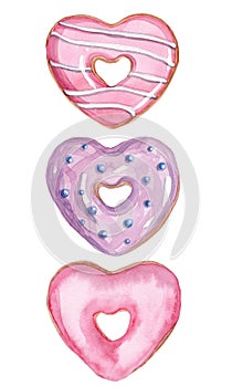 Watercolor hand drawn heart shaped pink donuts set isolated on white background