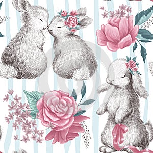 Watercolor hand drawn holiday seamless pattern with cute little bunny animals couple and floral bouquets isolated.