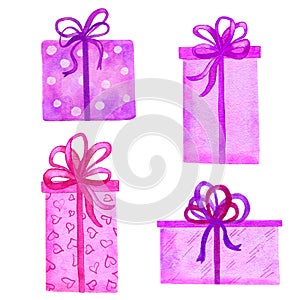 Watercolor hand drawn illsutration of pink purple fuchsia gift boxes. Bright lilac birthday presents celebration