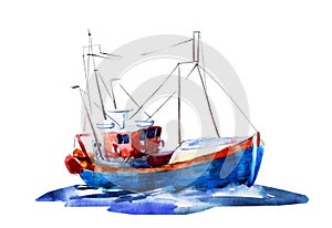 Watercolor hand drawn illustration background, barkas or lanch, blue boat in the sea