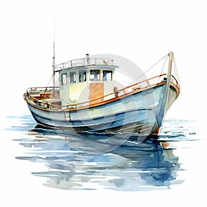 Watercolor hand drawn illustration background, barkas or lanch, blue boat in the sea, swings on waves, isolated