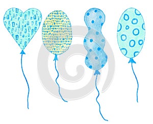 Watercolor hand drawn illustration of blue yellow cute balloons. Boy baby shower design for invitations greeting party