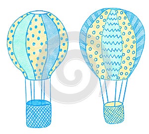 Watercolor hand drawn illustration of blue yellow cute balloons. Boy baby shower design for invitations greeting party