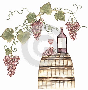 Watercolor hand drawn illustration composition with wooden barrel and glass with red wine and grapes. vineyard clipart