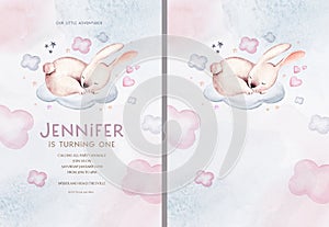 Watercolor hand drawn illustration of a cute baby bunny rabbit sleeping on the moon and the cloud. Baby Shower Theme Invitation