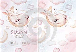 Watercolor hand drawn illustration of a cute baby bunny rabbit sleeping on the moon and the cloud. Baby Shower Theme Invitation