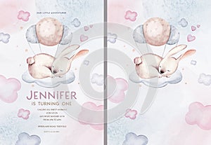 Watercolor hand drawn illustration of a cute baby bunny rabbit sleeping on the moon and the cloud. Baby Shower Theme Invitation