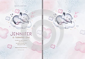 Watercolor hand drawn illustration of a cute baby elephant, sleeping on the moon and the cloud. Baby Shower Theme Invitation