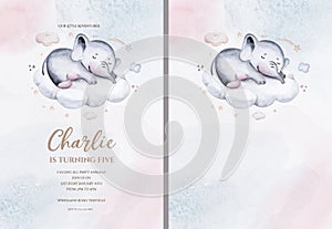 Watercolor hand drawn illustration of a cute baby elephant, sleeping on the moon and the cloud. Baby Shower Theme Invitation