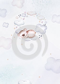 Watercolor hand drawn illustration of a cute baby koala sleeping on the moon and the cloud. Baby Shower Theme Invitation birthday