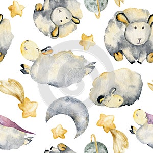 Watercolor hand drawn illustration, cute baby sheep in sleeping hats with stars, comets and moon. Seamless pattern