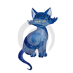 Watercolor hand-drawn illustration of cute halloween cosmic cat on white background. Cat with stars