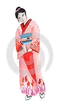 Watercolor hand drawn illustration design of girl woman in kimono traditional japanese asian dress clothes of red pink