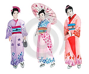 Watercolor hand drawn illustration design of girl woman in kimono traditional japanese asian dress clothes of red pink