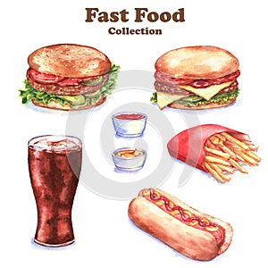 Watercolor hand-drawn illustration of different food: hamburger, cheeseburger, French fries, hot dog, cola, sauces