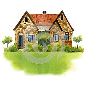 Watercolor hand drawn illustration of a farm house with olive trees and field isolated on a white background.