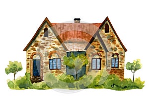 Watercolor hand drawn illustration of a farm house with olive trees isolated on a white background.