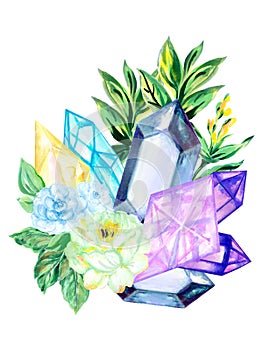 Watercolor hand drawn illustration gemstone crystals precious semiprecious minerals with flowers and leaves. Occult witchcraft