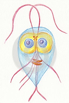 Watercolor hand drawn illustration of Giardia intestinalis protozoan