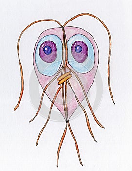 Watercolor hand drawn illustration of Giardia intestinalis protozoan