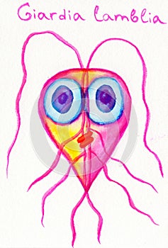 Watercolor hand drawn illustration of Giardia lamblia protozoan