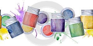 Watercolor hand drawn illustration, kids children paint art materials supplies, gouache acrylic tempera oil splashes