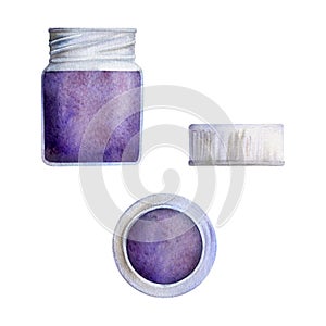 Watercolor hand drawn illustration, kids children paint materials supplies, purple color bottle with cap, opened. Single
