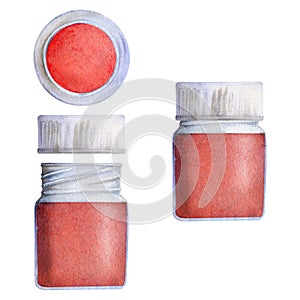 Watercolor hand drawn illustration, kids children paint materials supplies, red color bottle with cap, closed and opened