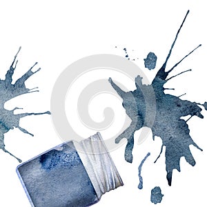 Watercolor hand drawn illustration, kids children painting materials supplies, blue indigo gouache acrylic ink paint