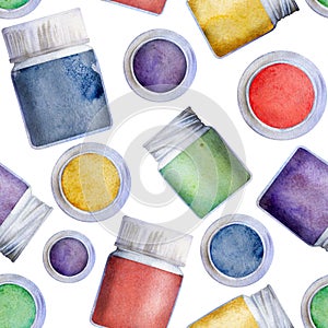 Watercolor hand drawn illustration, kids children painting materials supplies, color gouache acrylic ink tempera bottles