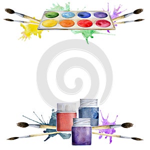 Watercolor hand drawn illustration, kids children painting materials supplies, paint palette, brushes, color splashes