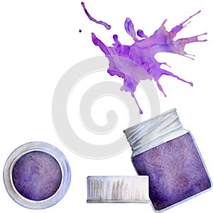 Watercolor hand drawn illustration, kids children painting materials supplies, purple gouache acrylic ink paint, splash